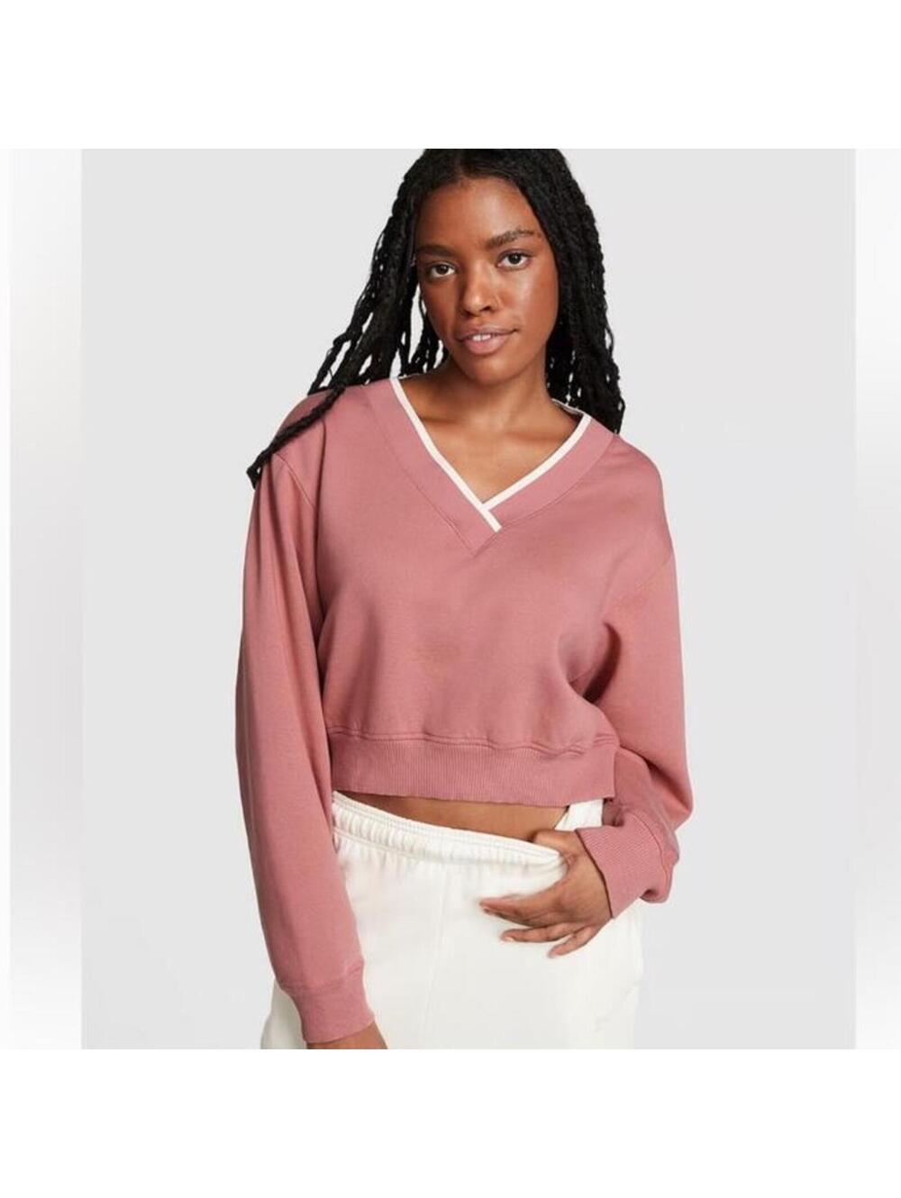 Victoria’s Secret PINK Fleece Long Sleeve V-Neck Cropped Pullover Women’s Small - Picture 2 of 14